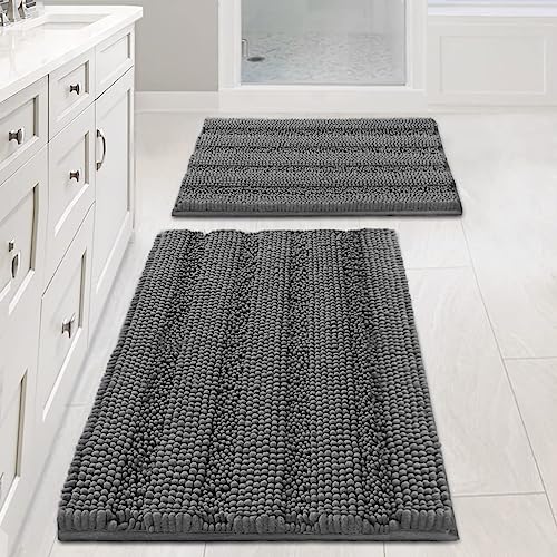 H.VERSAILTEX Grey Bathroom Rug Set Bath Mats, 2 Piece Bath Rugs Non Slip Thick Soft Chenille Striped Bath Rug Set, Bath Mats for Bathroom Sets (Grey, 20" x 32"/17" x 24")